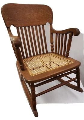 American Tiger Oak with Cane Seat and Arms Rocking Chair Rocker 33" H x 23" W - Image 1 of 4