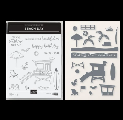 Stampin' Up! Juego de estampillas y troqueles BEACH DAY cabaña salvavidas, silla de playa, tabla de surf Foto 1 de 1