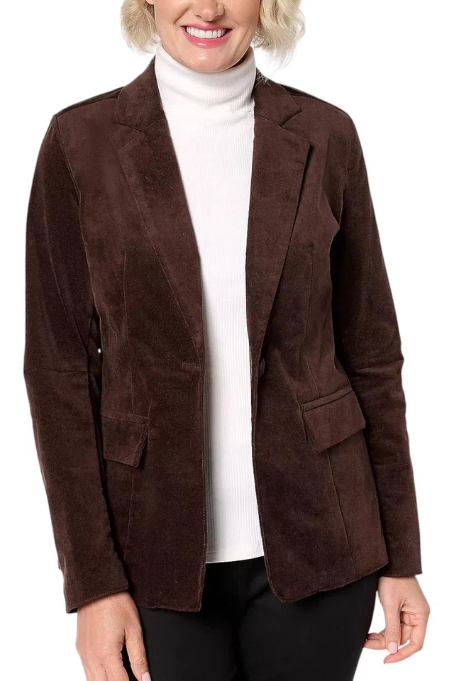 Blazer para mujer Denim & Co. terciopelo elástico con un botón Drk Choco Foto 1 de 1