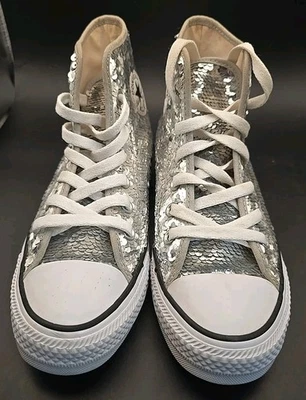 Zapatillas altas Converse All Star Chuck Taylor plateadas con lentejuelas para mujer talla 6 EE. UU. Foto 1 de 4