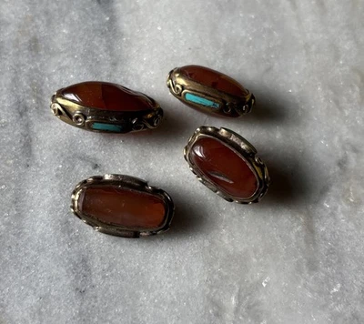 4pcs Tibetan Brass Turquoise Banded Carnelian Beads 25x15mm CC524 - Image 1 of 2