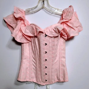 Corset Story Floral Corset Top Ruffle Sleeves Pink UK 8 Lace Up Boned - Picture 1 of 14
