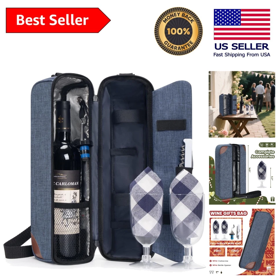 Bolsa enfriadora de vino aislada ALLCAMP - Juego completo de picnic para amantes del vino en azul Foto 1 de 4
