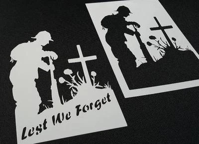 LEST WE FORGET Phrase Soldiers Troop Airbrush Stencil War Remembrance Occasion