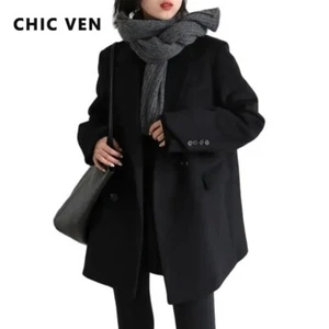 Women Wool Blend Coat Jacket Leather Trench Large Long New Warm Overcoat Office - Picture 1 of 11