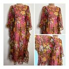 Vintage 70s Pink Yellow & Green Floral Print Long Flared Sleeve Maxi Dress 6-8