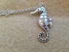 Large Silver Seahorse Charm Pendant  Necklace 24"