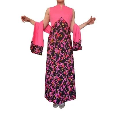 Maxi Vestido Discoteca Floral Tropical Rosa Caliente Día Años 70 De Colección con Mantón S/M Foto 1 de 4