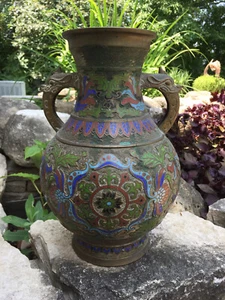 Antico vaso cloisonne smalto bronzo drago giapponese serpente fiori 14,5" Giappone - Foto 1 di 12