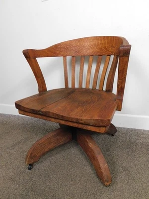 Antique Exec. Milwaukee Solid Oak Office Desk Arm Chair Rolling Adj Tilt Height - Image 1 of 4