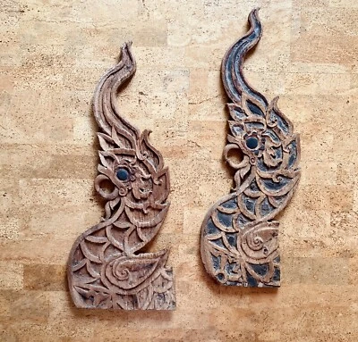 "Par de remates de techo de templo rescatados cabeza Naga tailandesa de madera tallada antigua 36""" Foto 1 de 4
