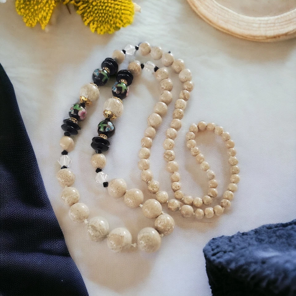 Vintage Jasper Beaded Necklace 1970s Chinese Cloisonne Onyx and Crystal  32in - Imagem 1 de 4