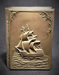 Solid Brass Jewelry Trinket Box Antique Chest Book Shape Ship Jennings Brothers - Picture 1 of 12