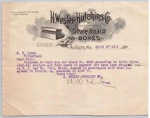 Membrete H. Wesley Hutchins Co. Cajas de tablero a escala Auburn Maine ME 1911 Memo - Imagen 1 de 3