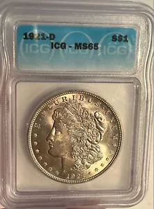 1921-D Morgan Silver Dollar ICG Mint State 65 - Picture 1 of 6