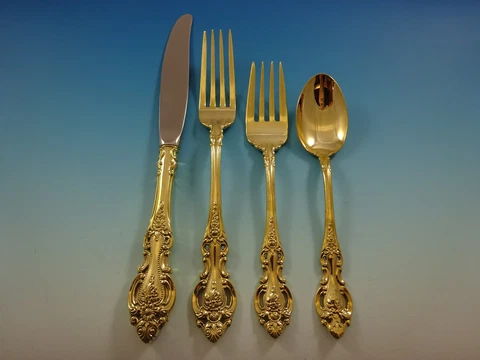 Grand Victorian by Wallace Sterling Silver Flatware Service 8 Set Gold Vermeil Cover