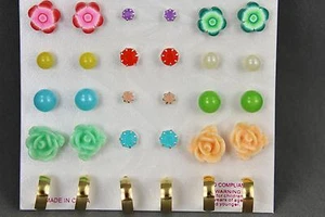 Set Pack of 15 pair flowers hoops faux pearl ball bead stud post earrings - Picture 1 of 7
