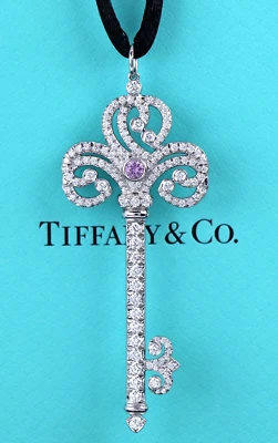 $9950 Tiffany платиновый розовый сапфир бриллиант заколдовать сердце ключ ожерелье новый шнур - Изображение 1 из 4