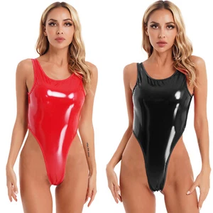 Womens Shiny Patent Leather High Cut Thong Leotard Hollow Out Bodysuit Catsuits - Picture 1 of 19
