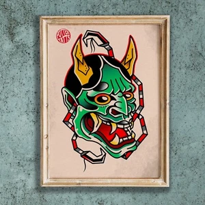 Japanese Hannya Mask - Old School Traditional Flash Tattoo Art Print - Picture 1 of 3