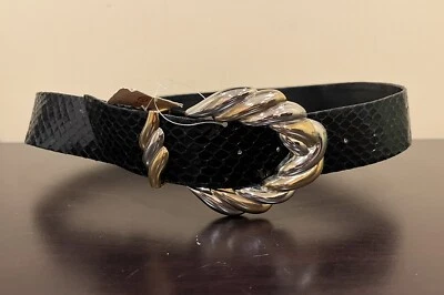 Cinto de couro preto vintage Salena’s Collection preto pele de cobra fivela larga prata dourada G - Imagem 1 de 4
