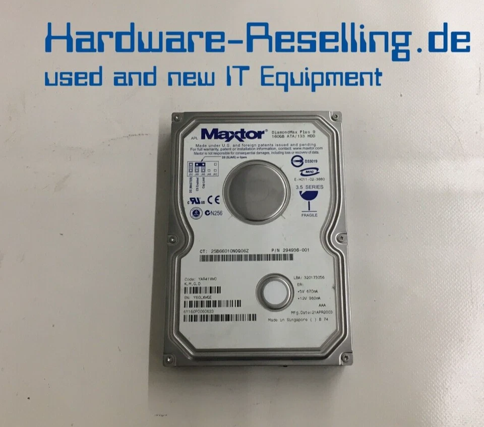 Maxtor DiamondMax Plus 9 160 GB 3,5" 7200 RPM 8 MB 1,5 GB/s 294936-001 6Y160P0 - Immagine 1 di 1