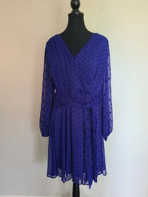 MA DKNY Women's Long Sleeve V-Neck Blue Polka-Dot  Faux Wrap Dress Size 14 - Image 1 of 4
