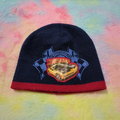 Mattel Hot Wheels Winter Beanie Hat Youth Knit Yellow Car Blue Red - Image 1 of 4