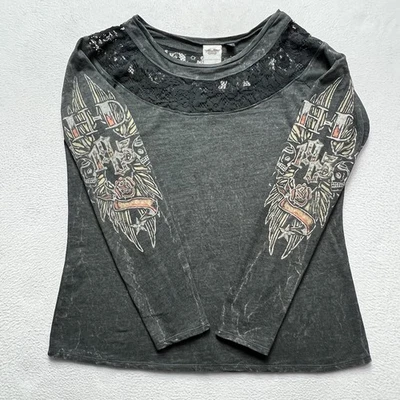 Harley-Davidson Mujer XL Manga Larga Encaje Top Manga Tatuaje Gráfico Envejecido T Foto 1 de 4