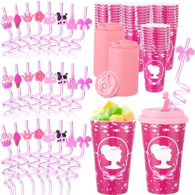 Pink Princess Party Favors 24 Juegos Tazas con Tapas Pajitas 16oz Reutilizable Cumpleaños Foto 1 de 4