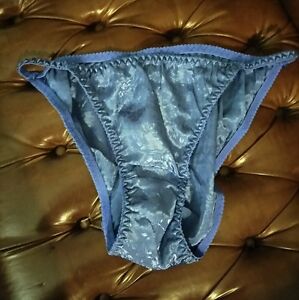 VTG 80s string bikini polyester panties, L size, mid blue, etched-on flowers