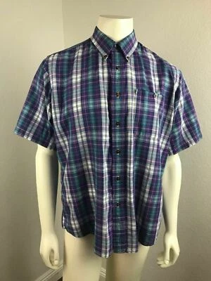 Cambridge Classics Men's Large Button Front Shirt Blue Plaid Purple Short Sleeve - Image 1 of 4