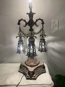 Hollywood Regency ANTIQUE ELECTRIC 5 LIGHT CRYSTAL TABLE LAMP Lanterns Bronze - Picture 1 of 12