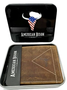 AMERICAN BISON GENUINE LEATHER BROWN MEN'S WALLET Tin Box NEW - Picture 1 of 6