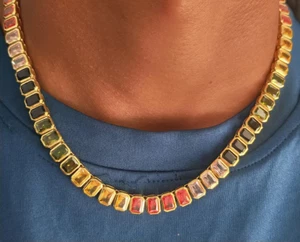 Emerald cut Rainbow Sapphire bezel set tennis necklace gold Plated, emerald cut - Picture 1 of 4