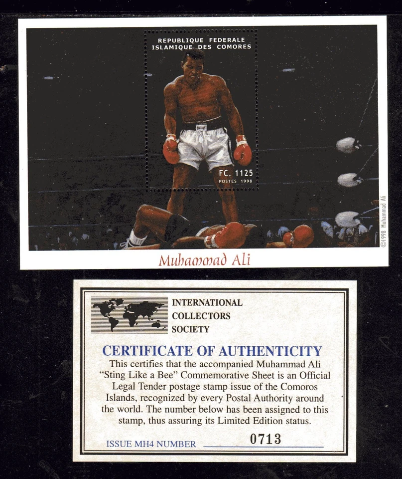 COMORO ISLANDS  1998  MUHAMMED ALI  MINT VF NH O.G S/S   W/CERT (101CO) - Image 1 of 1