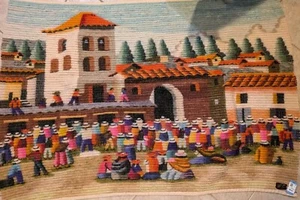 Vintage Peruanische Volkskunst Wolle Wandbehang 53”/37” Alpaka Bunt Dorf Peru - Bild 1 von 10