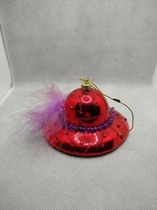 Schöner roter Hut Gesellschaft "Dame in rot" Ornament mit lila Schleife und Feder - Bild 1 von 7