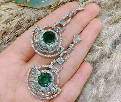 2CT Round Lab Created Emerald Diamond Drop/Dangle Earring 14K White Gold Plated - Image 1 of 4