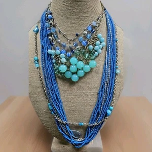 5p Necklace Lot Silvertone Blues 1 Signed Lia Sophia, Glass Beaded Cluster Boho - Picture 1 of 14