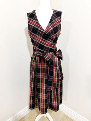 J.Crew Tartan V-Neck Wrap Dress in Stewart Tartan Black Sleeveless Size 14 - Image 1 of 4