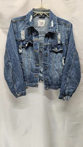 Womens Love Tree Denim Size Medium Distressed Jean Jacket One Missing Button - Picture 1 of 5