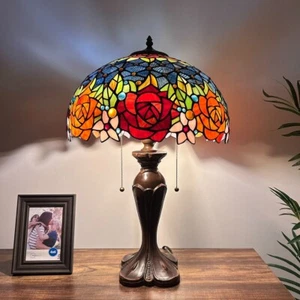 Tiffany Style Table Lamp Stained Glass Rose Flowers LED Bulb Included 16"W*24"H - Picture 1 of 12