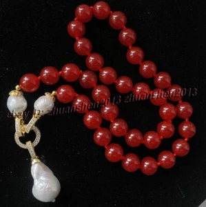10mm Round Red Jade Gems Beads & White Baroque Keshi Pearl Pendant Necklace 18" - Picture 1 of 8
