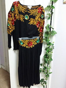 Christine Gerard Floral Sequin Beaded Black Blouse & Skirt Set Size M WC1066