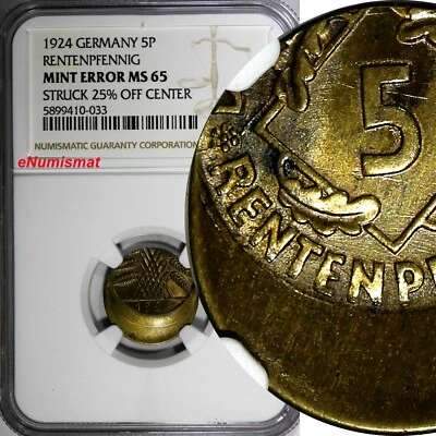Alemania-Weimar 1924 5 Rentenpfennig NGC ERROR COMO NUEVO MS65 ESCASO KM# 32 (033) Foto 1 de 4