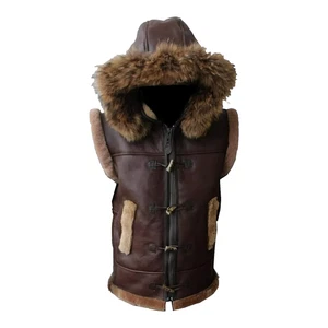 Men's Aviator Brown Sheepskin Fur Vest Real Leather Bomber Vest Hooded Fur Vest - Picture 1 of 4