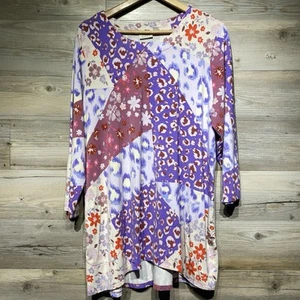 LOGO Lori Goldstein Tunika Top Gr. XL Patchwork Leopard Blumen mehrfarbig Tasche - Bild 1 von 7
