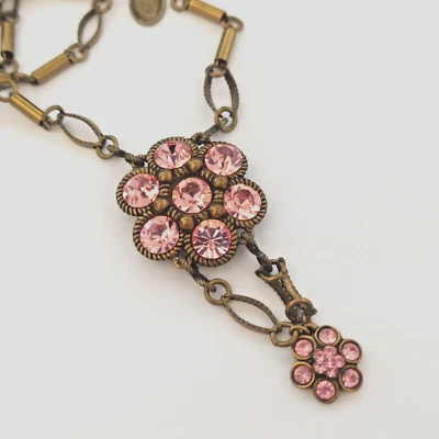 Collar Michal Negrin Rosa Grande Flor Cristales Gruesos Eslabones Cadena Gota en Y Regalo Foto 1 de 4
