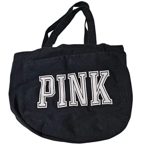 Victorias Secret PINK Black Canvas Tote Large Bag Zipper Closure Bold Logo - Picture 1 of 7